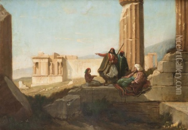 Vue Du Temple D'erechtheion A Travers La Colonnade Du Parthenon Oil Painting - Peter Heinrich Lambert Von Hess