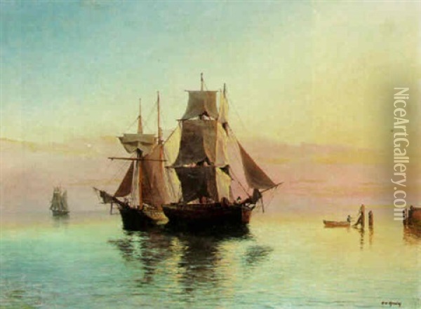 Seascape At Twilight With Schooners At Anchor Oil Painting - Hendrik Willem Mesdag