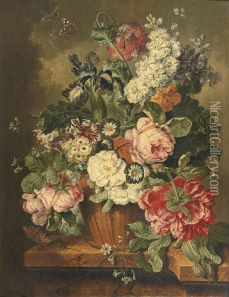 A Lily, Roses, Violets And Other Flowers In An Earthenware Vase On A Marble Ledge With Butterflies And A Snail Oil Painting - Jacobus Linthorst