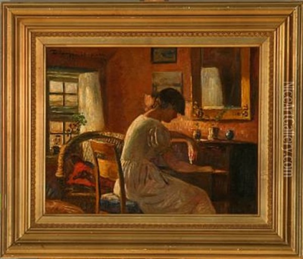 Interior With A Woman At The Desk Oil Painting - Frederik Lange