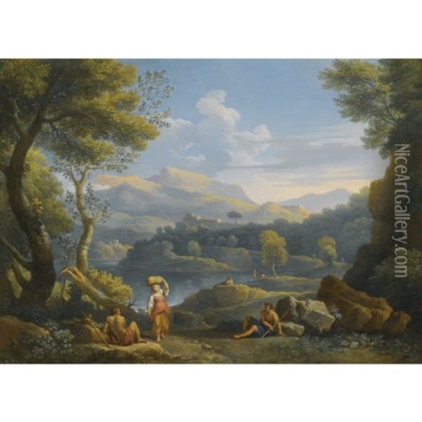 An Italianate River Landscape With Figures Resting In The Foreground And Hilltop Towns Beyond Oil Painting - Jan Frans van Bloemen