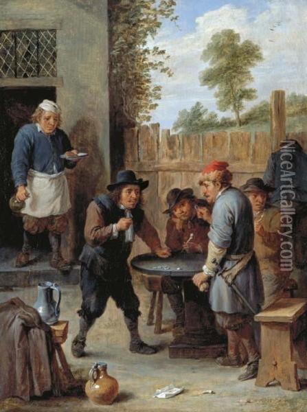 Peasants Playing Dice Outside An Inn Oil Painting - David The Younger Teniers
