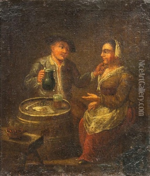 Man And Woman Drinking Oil Painting - David Teniers the Elder