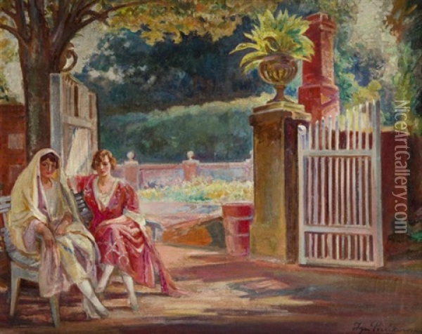 Women On The Bench Oil Painting - Ignacy Pienkowski