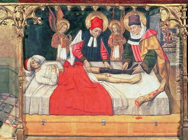 SS Cosmas and Damian graft the leg of a Black person onto the stump of deacon Justinian Oil Painting - Jaume Huguet