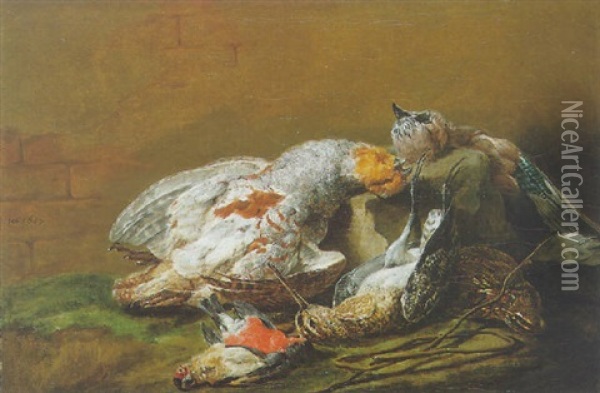 Nature Morte A La Becassine, Perdreau Gris, Caille Et Jaie Sur Un Entablement Oil Painting - Pieter Boel