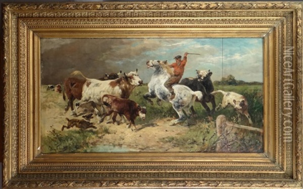 Palefrenier A Cheval Avec Ses Vaches Oil Painting - Henry Schouten