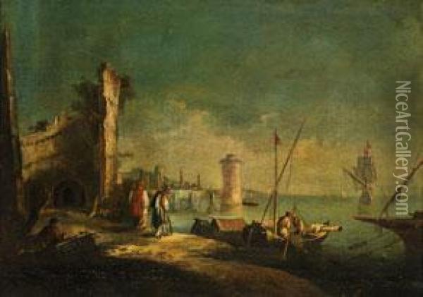 Blick Auf Einen Hafen Mit Rundturm, Ruinen Und Figurenstaffage Oil Painting - Lorenzo A. Castro