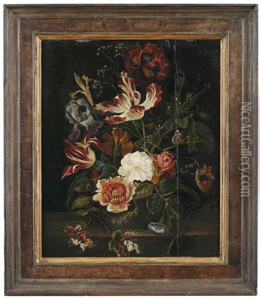Two Flowerstill Lifes With Roses, Iris, Lilies, Carnations And Guelder Roseon A Stone Pedestal. Oil Painting - Rachel Ruysch