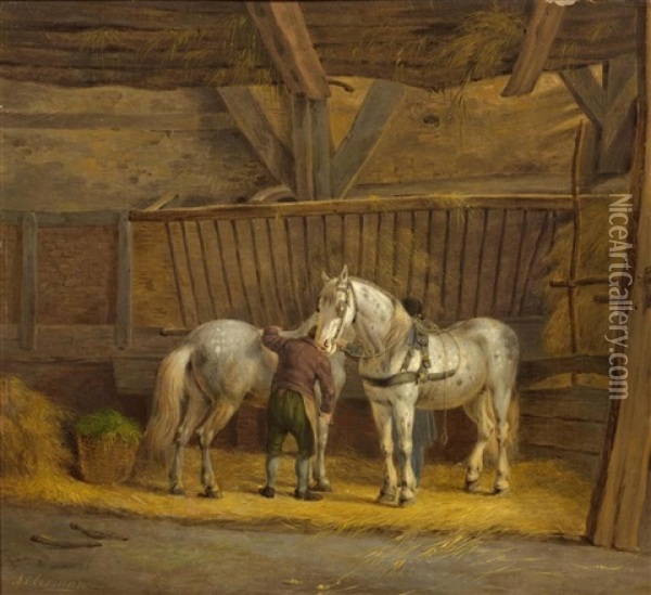 In The Stable Oil Painting - Anthony Oberman