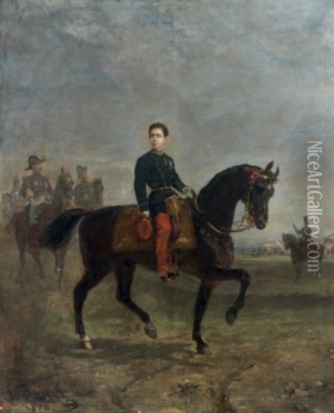 Le Prince Imperial A Cheval, Devant Un Camp, Probablement De Chalons, A L'age De 14 Ans Oil Painting - Oliver Pichat