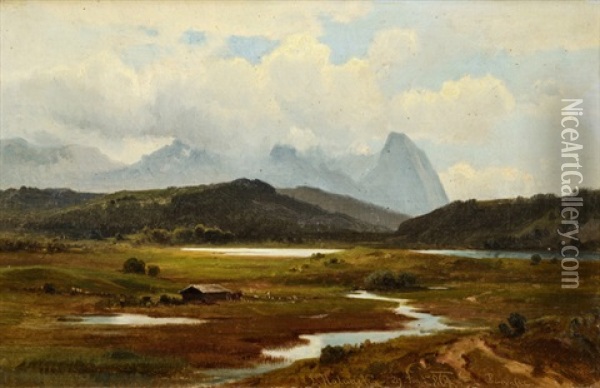 Bayerische Landschaft Am Barmsee Bei Garmisch-partenkirchen Oil Painting - Ludwig Georg Eduard Halauska