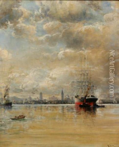 San Francisco Bay Harbor With A View Of The Ferry Building Oil Painting - William Alexander Coulter