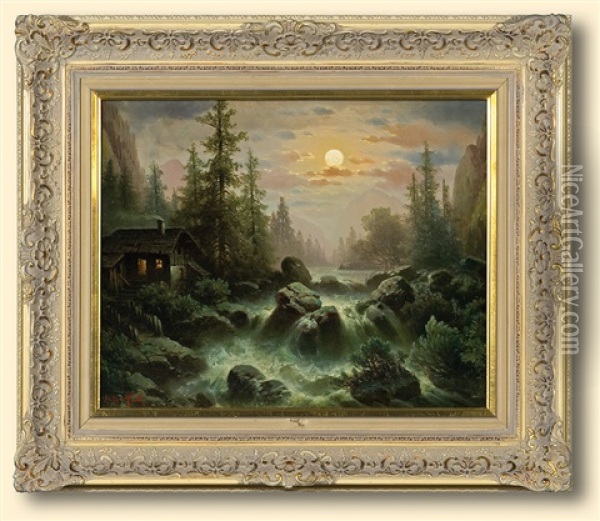 Waterfall In The Moonlight Oil Painting - Anton Pick