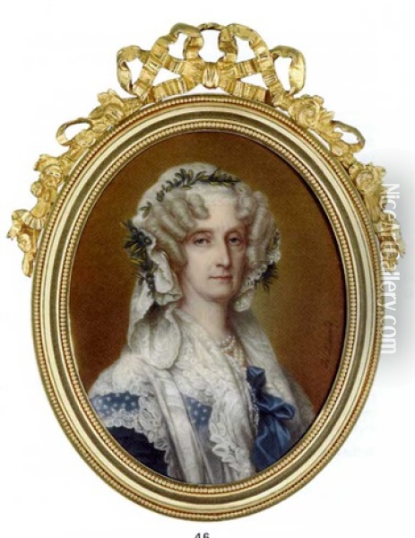 Marie-amelie, Queen Of The French, In Blue Dress With Deep Lace Collar, Blue Satin Bow Tied At Corsage, Four Strand Pearl Necklace, Blue Flowers, Foliage And Long Lace Veil In Her Curled Powdered Hair Oil Painting - Sophie Lienard