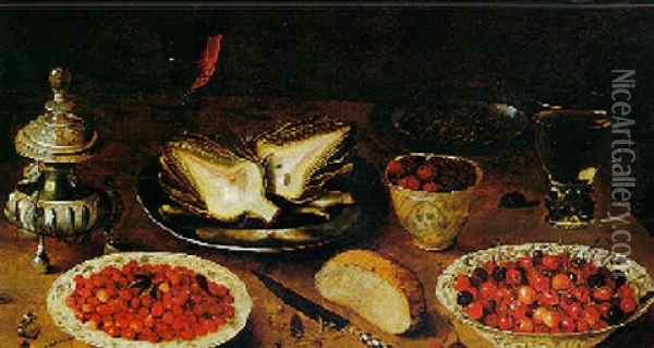 Still Life Of A Pewter Plate With Artichokes, Fruit And Objects On A Table Oil Painting - Osias Beert the Elder
