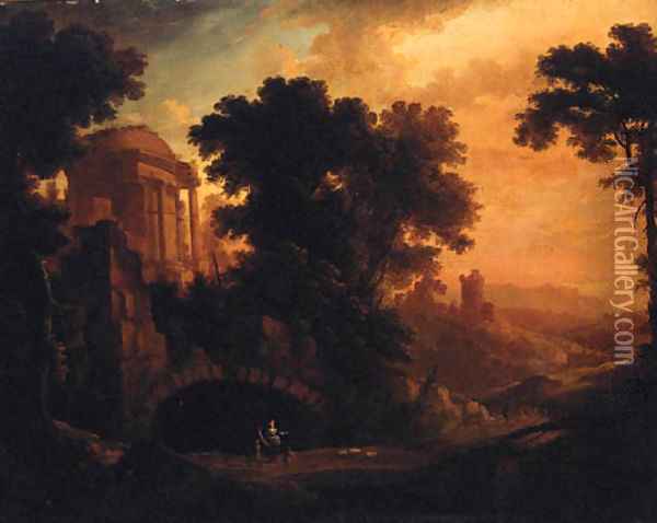 An Italianate landscape with herders on a track by a ruined temple at dusk Oil Painting - Albert Meyeringh