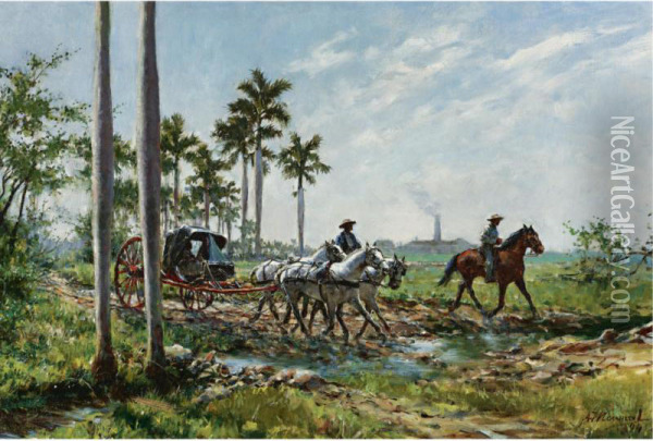 Paisaje Con Carroza E Ingenio (landscape With Carriage Andsugarmill) Oil Painting - Armando G. Menocal