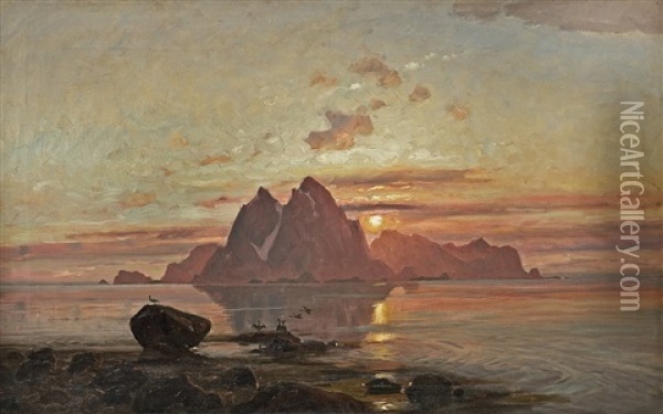 Skarvene Pa Rost, Midnattsol Oil Painting - Thorolf Holmboe