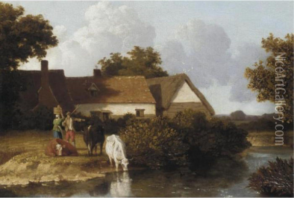 The Cows Watering Oil Painting - Thomas Lound