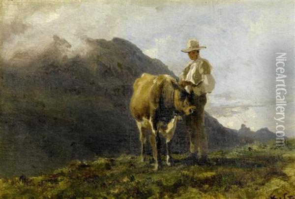 Herdsman With Cow Oil Painting - Karl Girardet