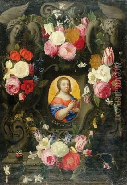 Guirlande De Fleurs Entourant Une Effigie De La Vierge Enfant Oil Painting - Daniel Seghers