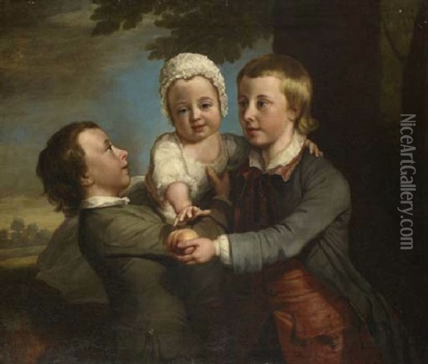 Group Portrait Of Three Children In A Wooded Landscape, The Eldest Holding A Peach Oil Painting - George Knapton