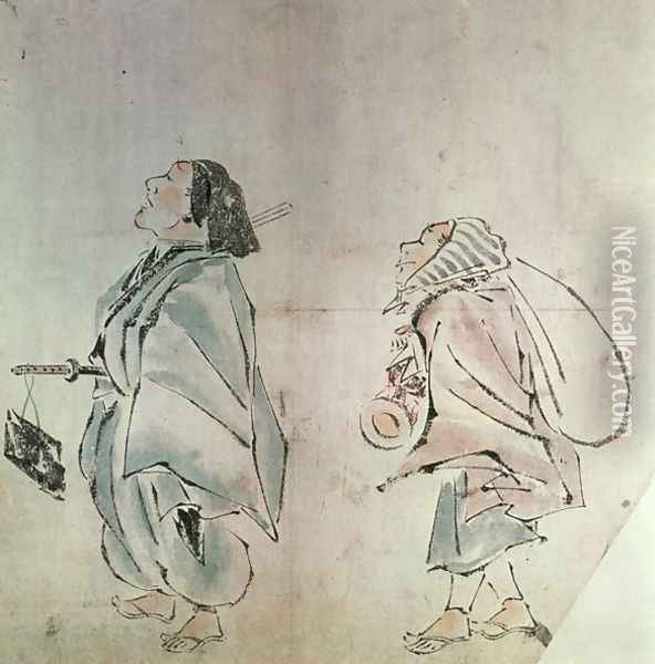 Samurai being followed by a servant Oil Painting - Hanabusa Itcho