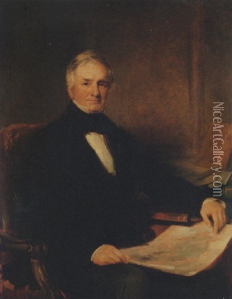 Portrait Of Sir Richard John Griffith, 1st Bt., In A Black Frock Coat And White Shirt, His Left Arm Resting On A Book, Holding A Geological Map Of Ireland In His Right Hand, In An Interior Oil Painting - Stephen Catterson Smith