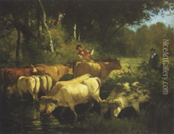 Boeufs A La Riviere Oil Painting - Hector Charles Auguste Octave Constance Hanoteau