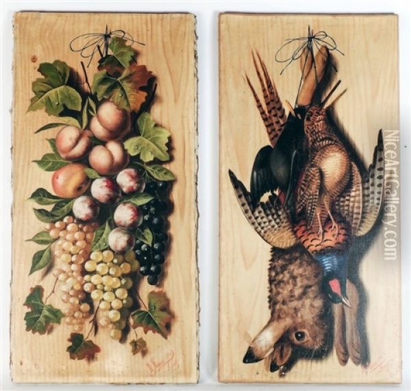 Nature Morte Con Frutta E Selvaggina - Sitll Lives Of Fruits And Game (2 Works) Oil Painting - Michelangelo Meucci