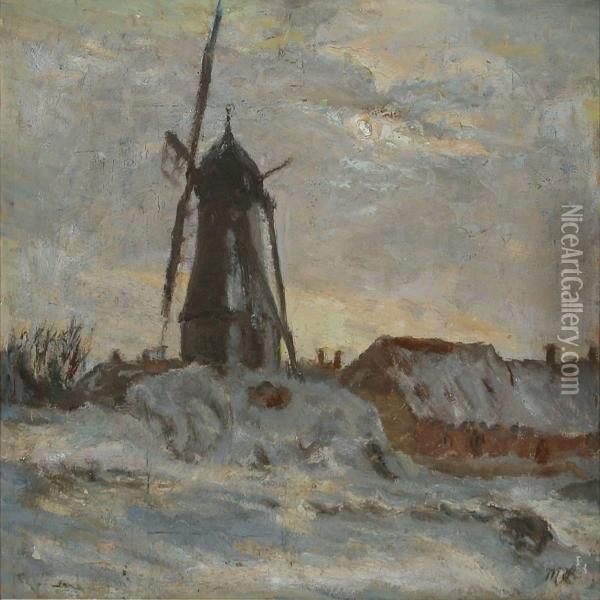 Wintry Landscape With Mill Oil Painting - Marius Hammann