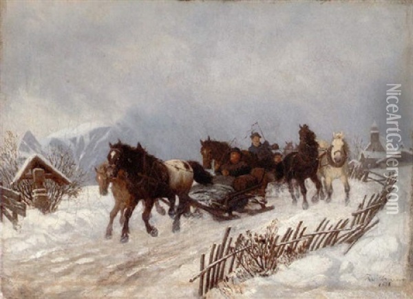 Schlittenfahrt In Verschneiter Dorflandschaft Oil Painting - Theodor von Hoermann