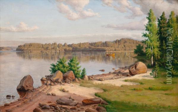 Row-boat On A Still Lake Oil Painting - Felix Frang Pahlama