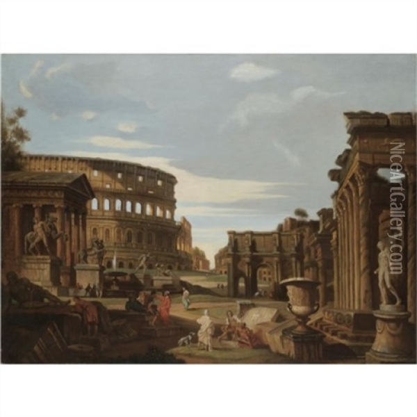 Capriccio Scene With The Colosseum, The Arch Of Constantine Of And Various Other Roman Ruins Oil Painting - Giovanni Paolo Panini