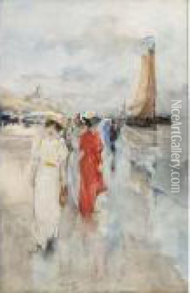 Elegant Ladies Strolling On The Beach Oil Painting - Hobbe Smith