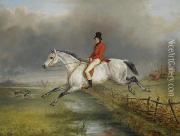 A Master Of The Royal Buckhounds Clearing A Fence On A Grey Hunter Oil Painting - George Henry Laporte