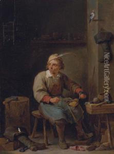 A Shoemaker In His Workshop, With Boots, Tools And A Jaybird Oil Painting - David The Younger Teniers