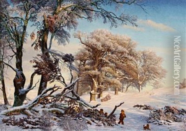 Sunlit Wintry Scene Oil Painting - Gotfred Christian Rump