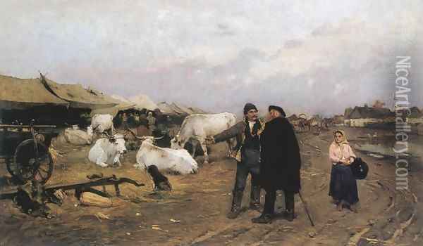 Market Scene 1880s Oil Painting - Lajos Deak-Ebner