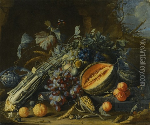 Still Life Of Fruit, Including A Melon, Grapes, Oranges And Peaches, Together With An Artichoke, Celery, Walnuts And Corn, Arranged On A Ledge With Butterflies And Snails Before A Stone Grotto In A Landscape Oil Painting - Cornelis De Heem