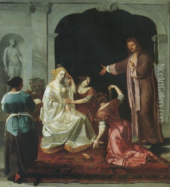 A Classical Interior With Maidens Tending To A Bride Oil Painting - Jacob Ochtervelt