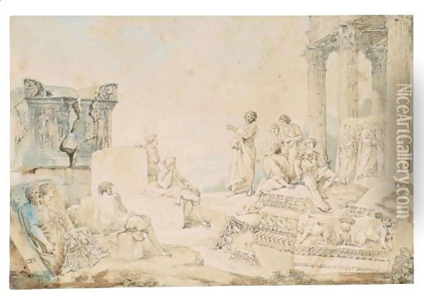 Capriccio Con Figure E Rovine Romane Oil Painting - Giovanni Paolo Pannini