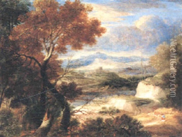 Flodlandskap Med Vandrare Oil Painting - Nicolas Poussin