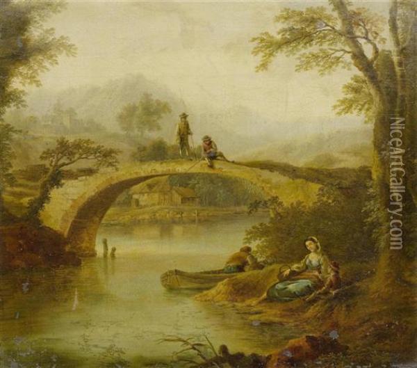 Landscape With Fishermen On The Bridge Oil Painting - Christian Georg Ii Schuz