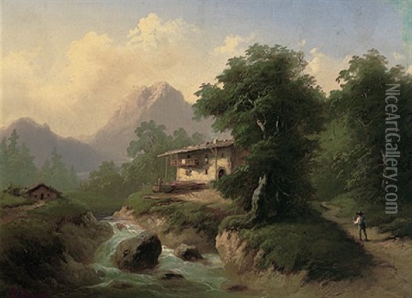 Sommertag In Den Alpen Mit Wildbach, Gehoft Und Aufragendem Massiv Oil Painting - Guido Hampe