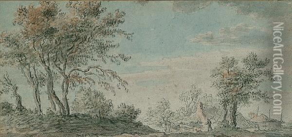A Figure And His Dog In A Landscape Oil Painting - Jan van Goyen