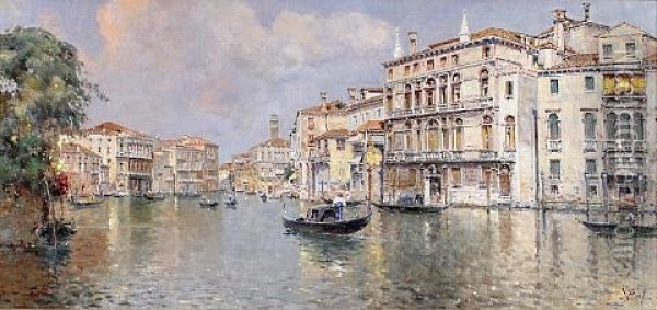 Venetian Canal View Oil Painting - Antonio Maria de Reyna Manescau