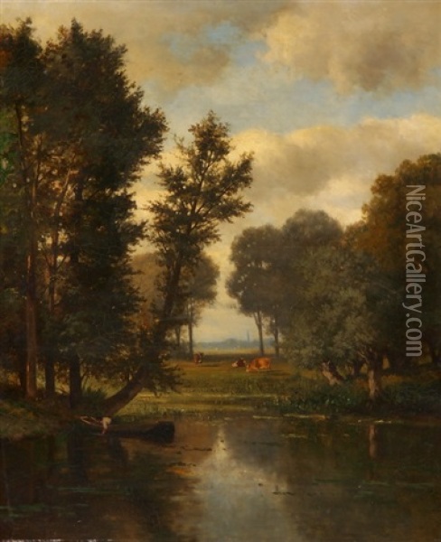 Waldlichtung Mit Weiher Und Kuhen Oil Painting - Pierre Louis De La Rive
