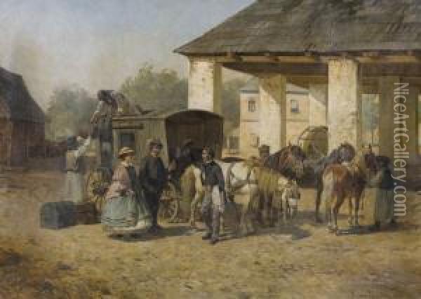 Die Ankunft Der Pferdekutsche Oil Painting - Jaroslav Friedrich Julius Vesin